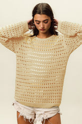 BiBi Round Neck Openwork Knit Cover Up Oatmeal OutfitFlow