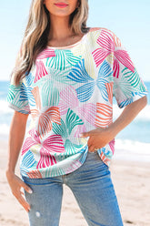 Printed Round Neck Half Sleeve Top Multicolor OutfitFlow