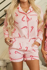 Candy Cane Collared Neck Long Sleeve Top and Shorts Lounge Set Blush Pink OutfitFlow