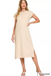 Zenana Round Neck Side Slit Midi Dress SAND BEIGE OutfitFlow