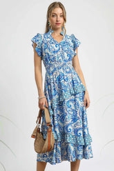 Umgee Paisley Print Ruffle Sleeve Midi Dress Royal Blue OutfitFlow