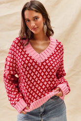 SO ME Color Block Textured Christmas Sweater V Neck Top RED PINK OutfitFlow