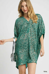 Umgee Metallic Leopard Print V-Neck Kimono Dress TEAL OutfitFlow