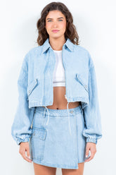 American Bazi Drawstring Waist Crop Denim Jacket LT Blue OutfitFlow