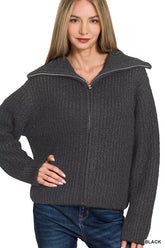 Zenana High Neck Full Zip Sweater Cardigan BLACK OutfitFlow
