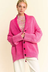 Davi & Dani Shawl Collar Ribbed Detail Button Up Cardigan Hot Pink OutfitFlow