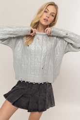 HYFVE Distressed Cable-Knit Round Neck Long Sleeve Sweater Silver OutfitFlow
