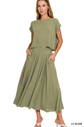 Zenana Woven Crinkle Gauze Crop Tee and Skirt Set LT OLIVE OutfitFlow