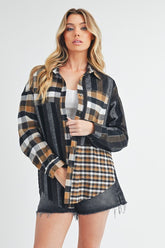 Aem+Co Curved Hem Plaid Button Up Shirt Black OutfitFlow