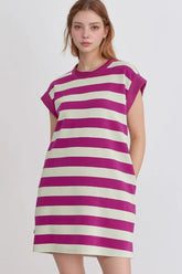 Stripe Cap Sleeve Pocketed Shift Tee Dress Red-Violet OutfitFlow