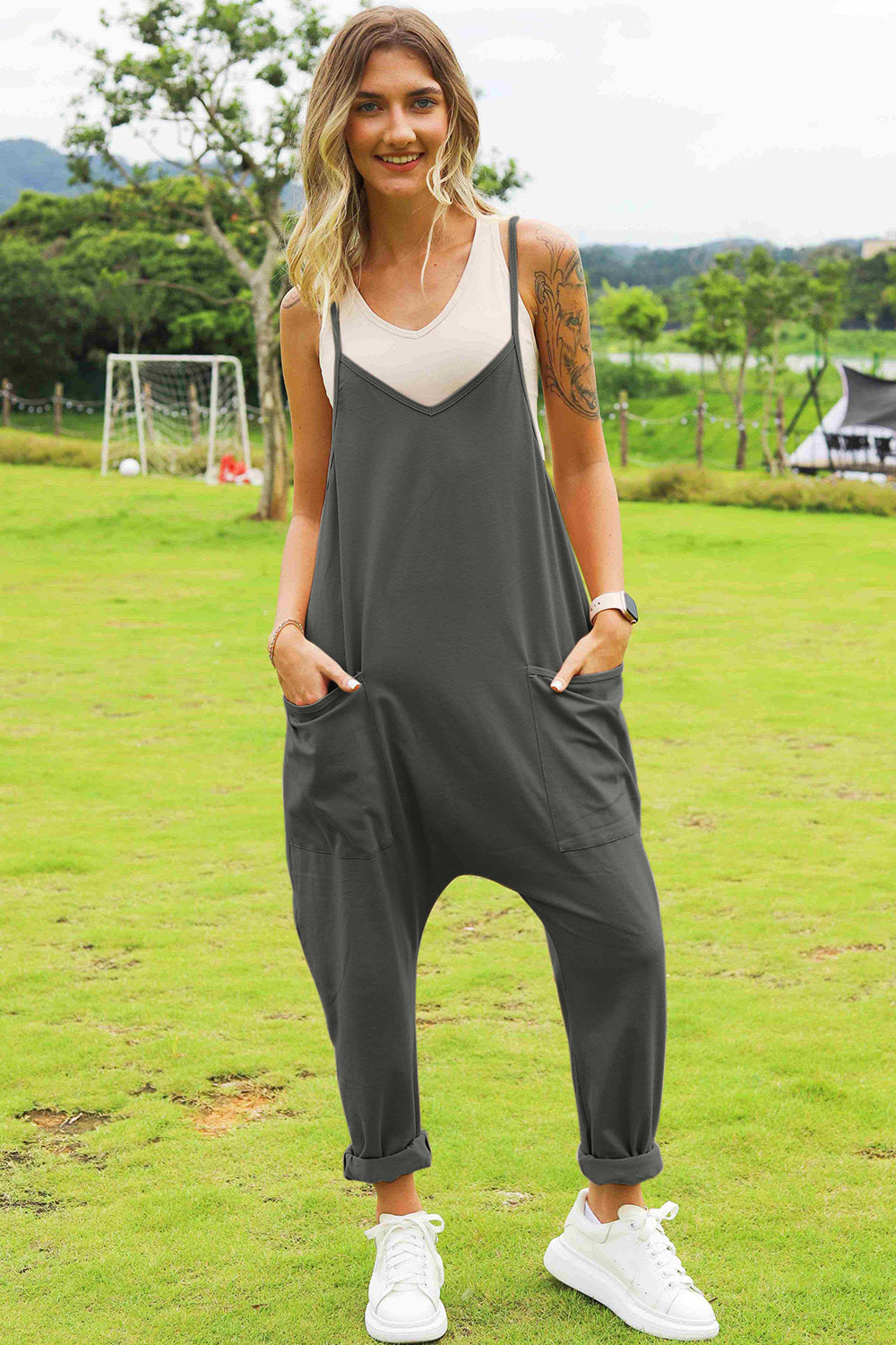 Double Take Full Size Sleeveless V-Neck Pocketed Jumpsuit OutfitFlow