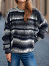 Gradient Round Neck Dropped Shoulder Sweater Dark Blue One Size OutfitFlow