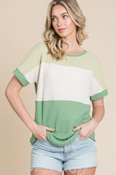 BOMBOM Color Block Short Sleeve T-Shirt Green Multi OutfitFlow