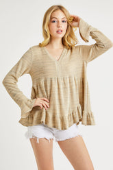 Hailey & Co V-Neck Flounce Sleeve Knit Top Taupe OutfitFlow