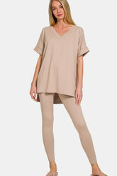 Zenana Full Size V-Neck Rolled Short Sleeve T-Shirt and Leggings Lounge Set Lt Mocha OutfitFlow