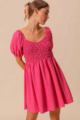 SO ME Textured Woven Daily Dress with Puff Sleeves PINK OutfitFlow
