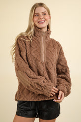 VERY J Fuzzy Fleece Half Zip Cable Pattern Sweatshirt Mocha OutfitFlow