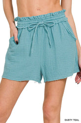 Zenana Double Gauze Drawstring Shorts DUSTY TEAL OutfitFlow