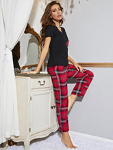 Heart Graphic V-Neck Top and Plaid Pants Lounge Set Black Red OutfitFlow