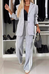 Full Size Contrast Lapel Collar Top and Pants Set Light Gray OutfitFlow