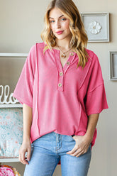 Heimish Full Size Ribbed Half Button Drop Shoulder Top HOT PINK OutfitFlow