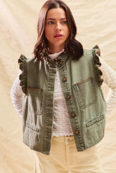 SO ME Washed Denim Stitch Ruffled Hidden Button Vest Top LT OLIVE BROWN OutfitFlow