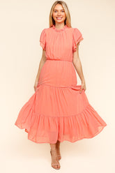 Haptics Full Size Tiered Frill Mock Neck Short Sleeve Dress Peach OutfitFlow