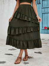 Honey Ruffled Elastic Waist Midi Skirt Dark Green OutfitFlow