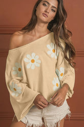 BiBi Flower Embroidery Loose Fit Knit Top OATMEAL OutfitFlow