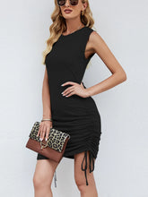Ruched Round Neck Sleeveless Dress Black OutfitFlow