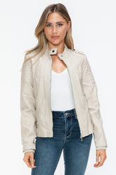 Snobbish PU Leather Biker Jacket with Side Zip Pockets Sand OutfitFlow