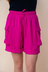 White Birch High Waisted Drawstring Knit Cargo Shorts Fuchsia OutfitFlow