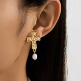 18K Gold-Plated Synthetic Pearl Cross Drop Earrings Gold onesize OutfitFlow