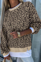Slit Leopard Round Neck Long Sleeve Sweatshirt Camel OutfitFlow