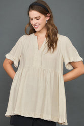 Umgee Full Size Raw Hem Notched Babydoll Linen Blouse Plus Size OATMEAL OutfitFlow
