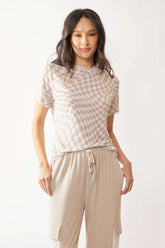 Davi & Dani Checker Board Printed Mesh Short Sleeve Top IVORY TAUPE OutfitFlow