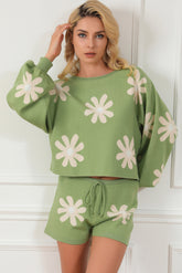 Flower Pattern Long Sleeve Sweater and Drawstring Shorts Set Gum Leaf OutfitFlow