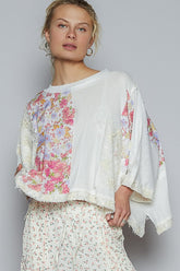 POL Floral Lace Patch Round Neck Double Gauze Top Off White OutfitFlow