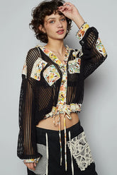 POL Vintage Washed Crochet Hoodie Jacket With Patchwork BLACK MULTI OutfitFlow