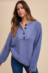 Annie Wear Half Button Ribbed Hem Sweater Light Indigo OutfitFlow