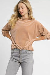 Umgee Ribbed Drawstring Hem Knit Top TAN OutfitFlow