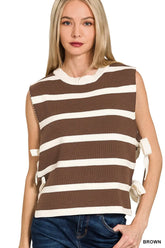 Zenana Side Tie Stripe Sweater Vest BROWN OutfitFlow