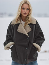 Collared Neck Long Sleeve Plush Jacket Chocolate OutfitFlow