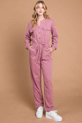 Culture Code Full Size Button Up Drawstring Waist Straight Jumpsuit RED BEAN OutfitFlow