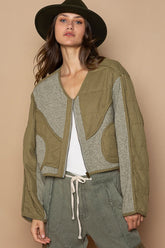 POL Quilted Knit Viding Detail Knit Patch Jacket Olive OutfitFlow