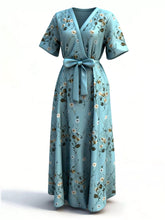 Floral Surplice Short Sleeve Dress Turquoise OutfitFlow