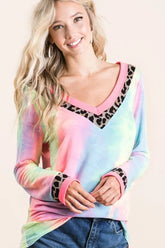 BiBi Tie Dye Terry V-Neck Top PASTEL TIE DYE OutfitFlow