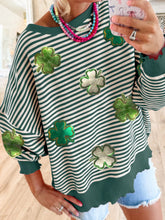 Stripe Lucky Clover Drop Shoulder Sweatshirt Dark Green OutfitFlow