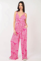 VERY J Printed Pleated Sleeveless Wide Leg Jumpsuit HOTPINK OutfitFlow