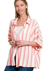 Zenana Woven Yarn-Dye Stripe Oversized Button Down Shirt WHITE CORAL OutfitFlow